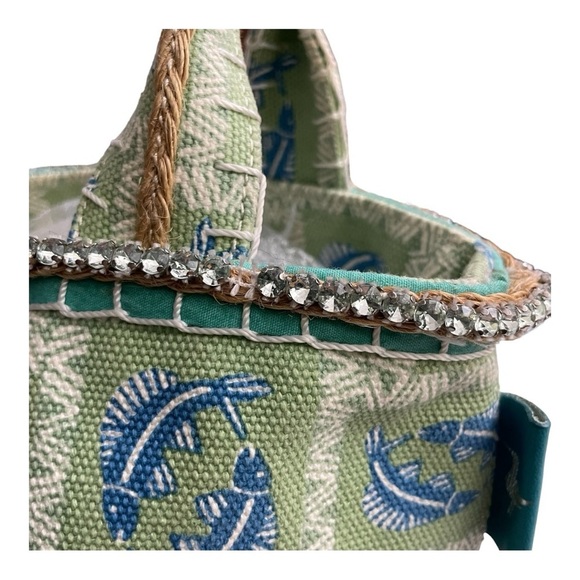 Sigrid Olsen Green tote with Blue fish pattern vintage. Canvas, Rhinestones - Picture 12 of 13